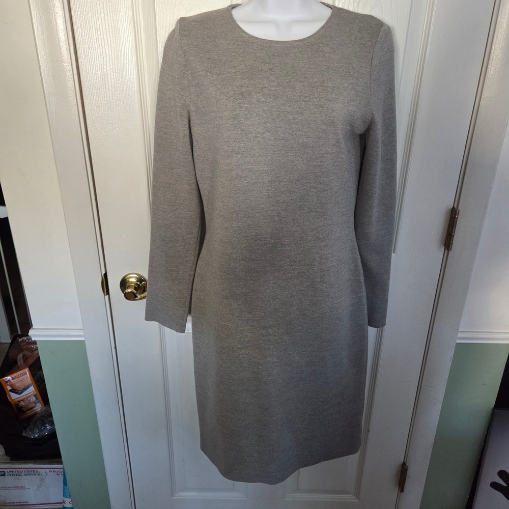 St. John Gray Wool Blend Knit Long Sleeve Sheath Dress Size 6 Designer Business